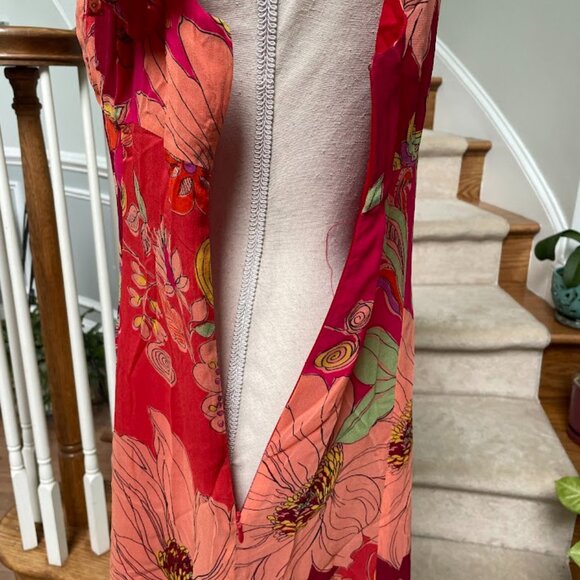 VINTAGE BOB MACKIE STUDIO SILK FLORAL REDS/ORANGES DRESS SIZE 10 PETITE - Picture 7 of 11